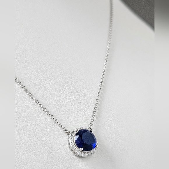 Sapphire Blue Round Halo Gemstone Necklace, 925 Sterling Silver - Picture 4 of 6